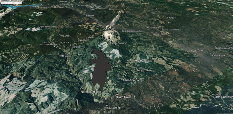 Visualisation of the footprint of Ram River Coal Corporation’s Aries Mine along the Ram River.